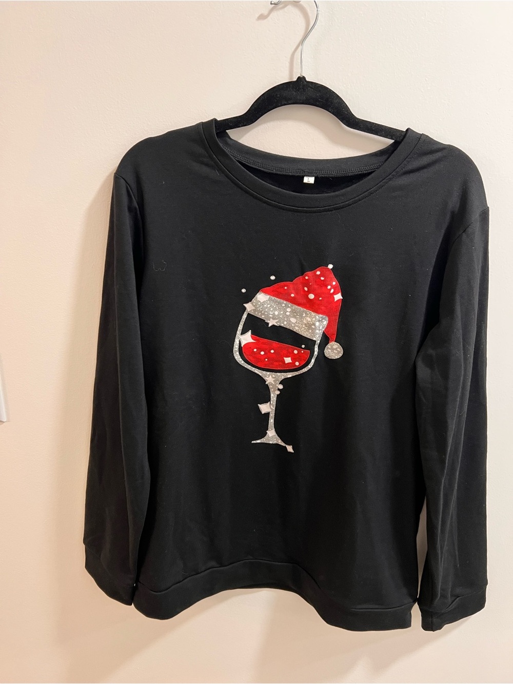 Holiday Wine Glass Long Sleeve tshirt with Red Santa Hat